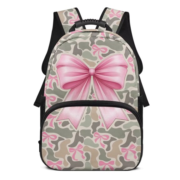 Pzuqiu Camo Pink Bow 17 Inch Kids School Backpack for Students Ages 6-18 Elementary Backpack with Adjustable Breathable Straps Large Capacity Lightweight Schoolbag for Back to School