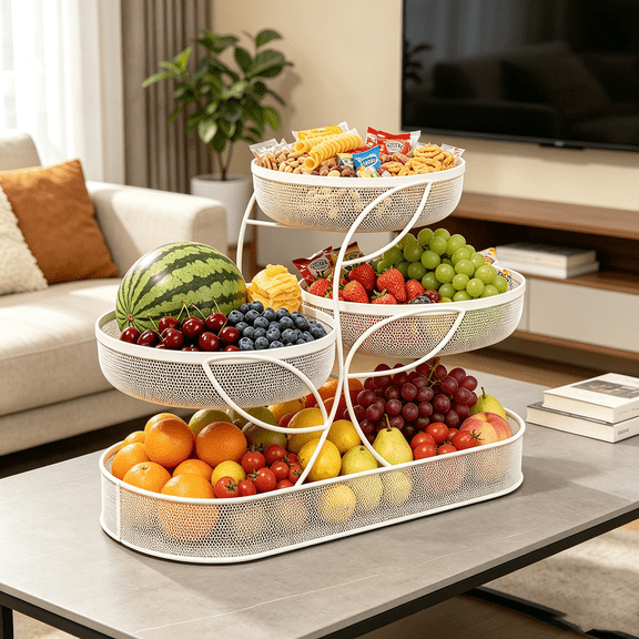 4 Tier Large Fruit Basket for Kitchen Counter , Metal Stackable Fruit Bowl for Kitchen Counter for Bread Vegetable Snacks, White