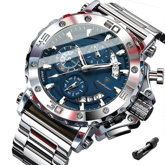 Poedagar Chronograph Watch For Men Luminous Waterproof Alloy Case Stainless Steel Men's Quartz Watch