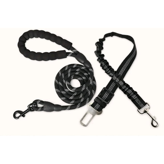 Skruffies Love Small Dog and Cat Bungee Leash with Seatbelt for Travel, Lightweight, Black
