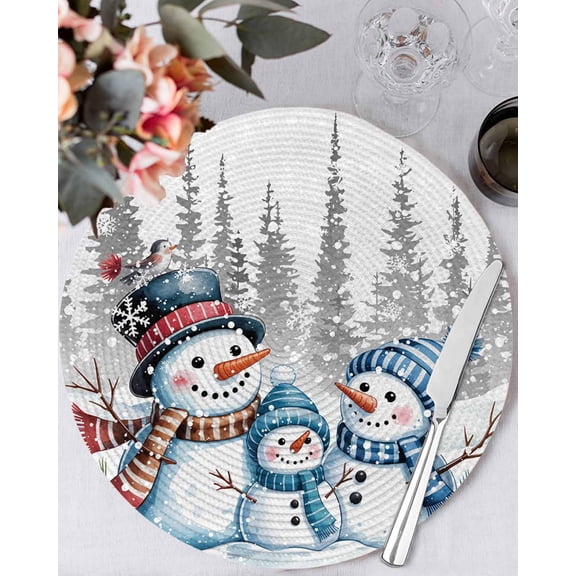 13 Inch Round Placemats Set of 6, Christmas Snowman Non Slip Heat Insulation PP Table Mats, Xmas Winter Snowflakes Tree Forest Grey Washable Place Mats for Kitchen Dining Party Table Decor