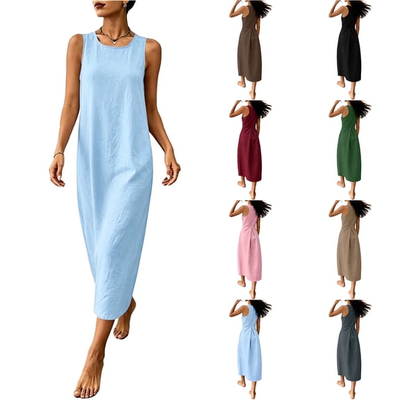 Zpzdpjkx Sleeveless Cotton Linen Midi Dresses for Women Solid Loose Tank Dress Pleated Back Casual Summer Vacation Shift Dress