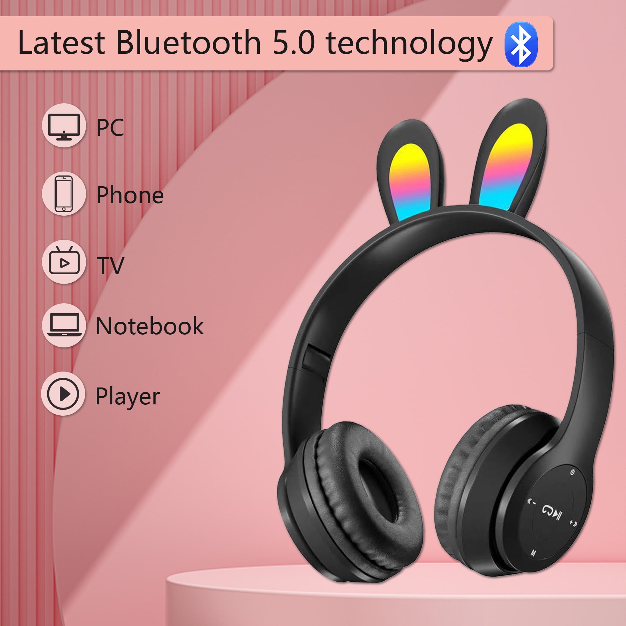 2Packs Rabbit Ear Kids Wireless Headphones with Microphone,Headphones for Girls Boys for School,Volume Limiter,Teens Toddlers Wireless Headphones,for Mobile Phones/Tablet/PC,Pink&Black
