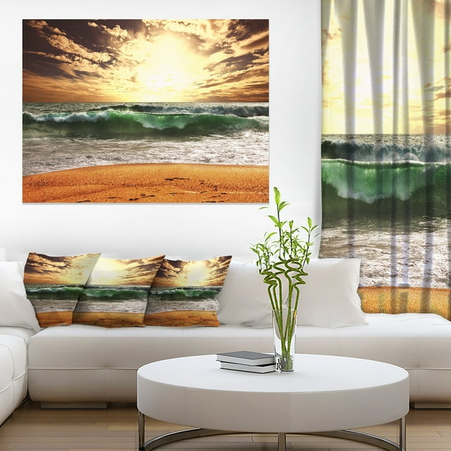 Vagues Vertes au Coucher du Soleil - Grande Impression de Toile de Bord de Mer