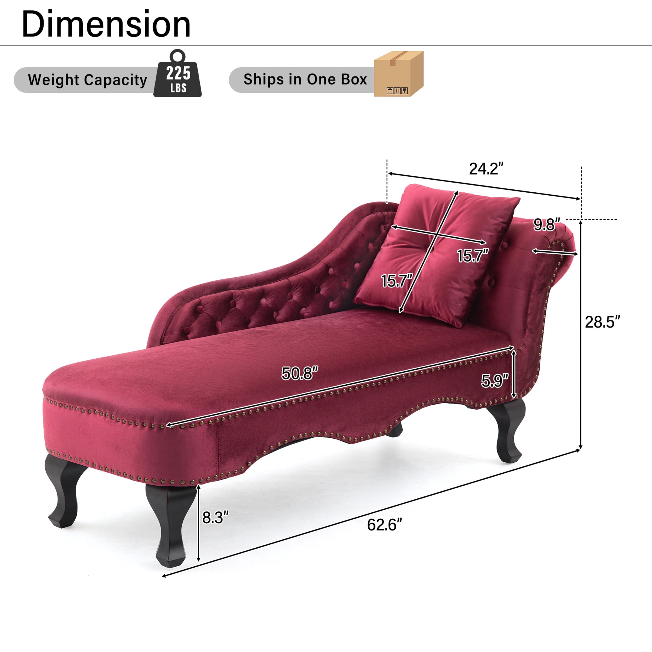 Christopher Knight Home 62" Luxury Velvet Chaise Lounge Bench with Pillow, Right Scrolled Backrest & Nailhead Trim, Burgundy