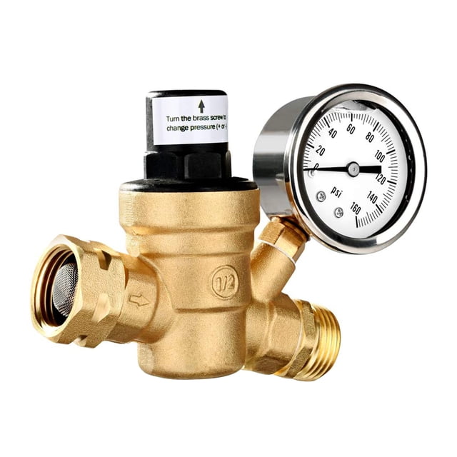 Amdohai Régulateur de Pression d'Eau en Laiton Sans Plomb Régulateur de Pression d'Eau Réglable avec Manomètre 0-160PSI et Filtre d'Entrée pour Remorque de Voyage RV