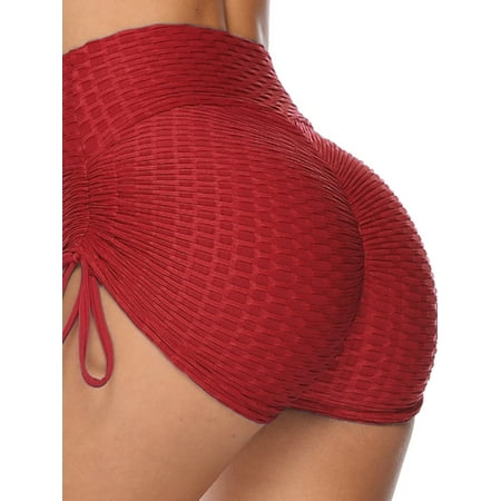 FANNYC Butt Lifting Yoga Shorts for Women High Waist Tummy Control Hot Pants Textured Ruched Sports Gym Running Beach Shorts