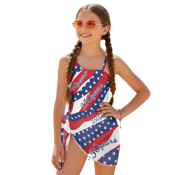 POLERO Girls' American Flag 250th Anniversary One-Piece Swimsuit with Mesh Cover Skirt - Quick Dry, Adjustable Straps for Beach & Pool Days