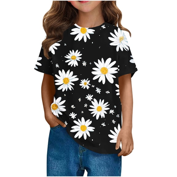 Fesfesfes Girls Boys Short Sleeve T Shirts Kids Casual Crewneck Summer Loose Basic Tee Fashion Flower Print Pullover Tops 3-14 Years(Black,9-10 Years)