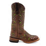 Women's Ferrini Blossom Leather Boots Handcrafted Square Toe Brown