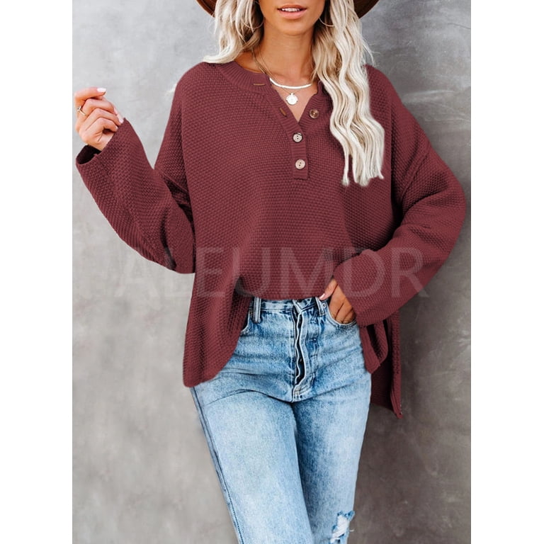Aleumdr Womens Wine Red Sweaters Henley Neck Long Sleeve Waffle Knit Loose  Fit Pullover Tops S - Walmart.com
