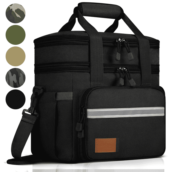 Lunch Bag for Women, 24L Expandable Insulated Lunch Bag with Side Pockets, Double Deck Leakproof Cooler Tote Bag with Adjustable Shoulder Strap, 24 Can, Suit for Office/Picnic/Beach/Camping, Black