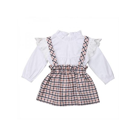 Lavaport 0-4Y Kid Girl Stand Collar Shirts + Plaid Strap Dress Outfits Princess Clothing Suit