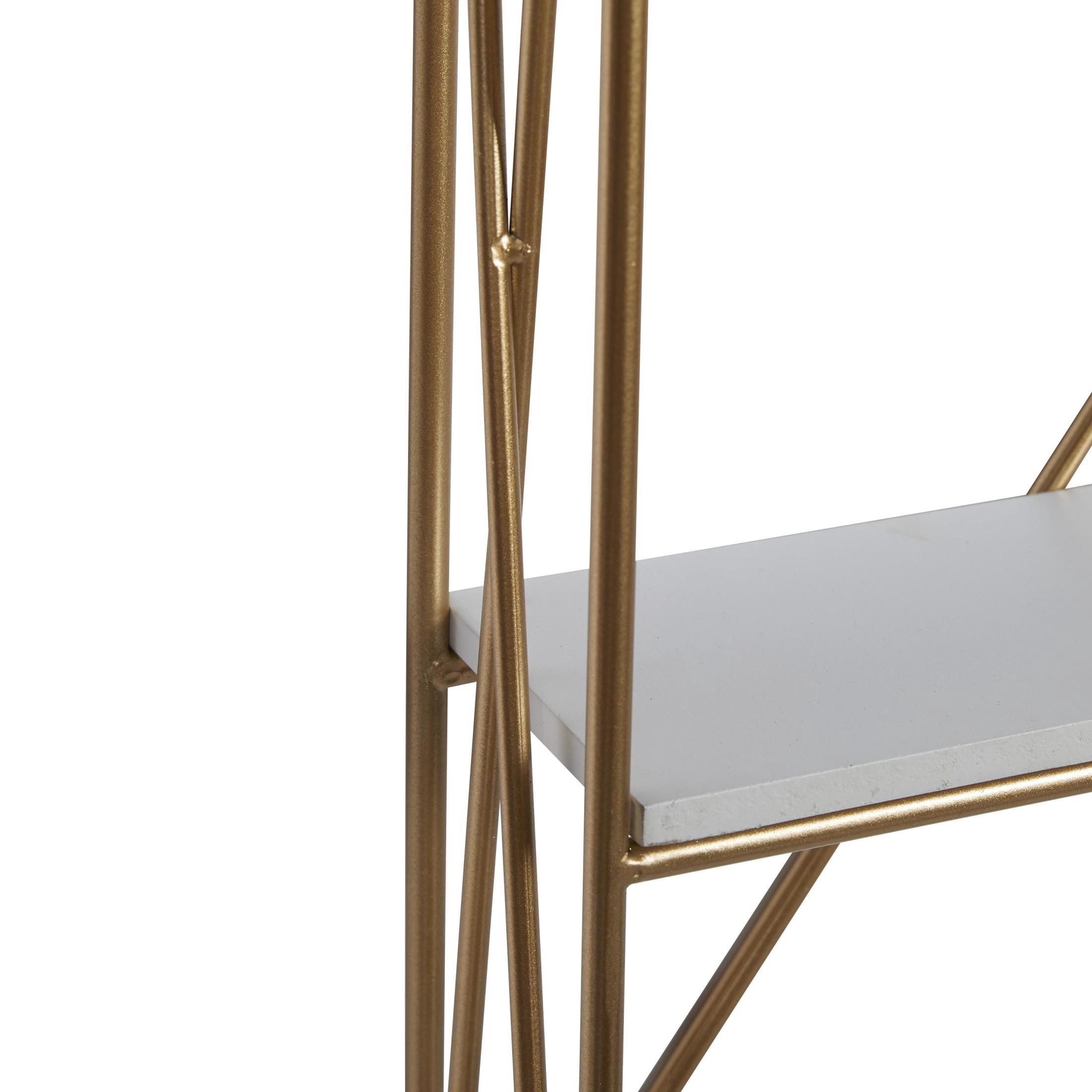 DecMode 16" x 4" 4-Tier Gold Wall Shelf with White Wooden Shelves