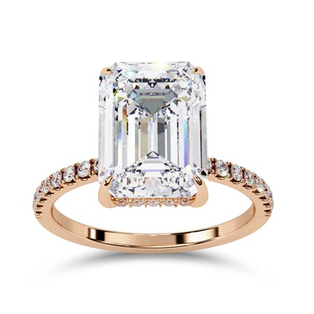 AFFY Hidden Halo Solitaire Engagement Rings for Women, Center 9x7mm Emerald Cut Lab Created Moissanite Wedding Anniversary Ring in 10K Solid Rose Gold Size-10