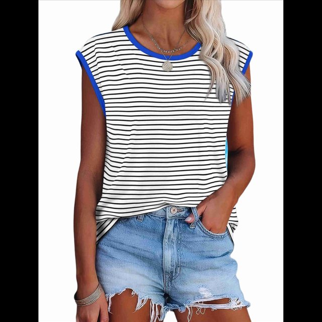 Tops de Mujer Elegantes e Informales de Verano A Rayas, Tops de Corta con Bloques de Color, Corte Holgado, Azul L