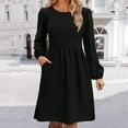 thumbnail image 5 of miqiqism Women Vintage Dresses Comfy Long Sleeves Puff Dress Trendy A Line Pullover Skirts Juniors Fashion Slim Fit Crew Neck Dress Juniors Solid Pleated Costume,Black,X-Large, 5 of 5