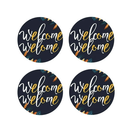 

Fuzoiu Sunflower Welcome A Print Leather Coasters Set Drink Coasters Set of 4 for Tabletop Protection Durable PVC Coasters Home Décor and Housewarming Gift-Round Shape