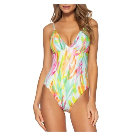 Becca by Rebecca Virtue Womens Tie Back Printed One-Piece Swimsuit Yellow S
