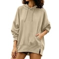 thumbnail image 3 of DYTTDG Women's Solid Color Drawstring Hoodie, Long Sleeve Loose Casual Pullover With Kangaroo Pocket Side Slit Hem for Daily Wear, 3 of 7