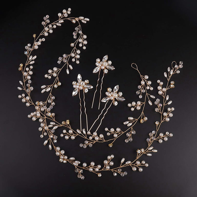 Gold Extra Long Pearl and Crystal Beads Bridal Hair Vine  display picture 2