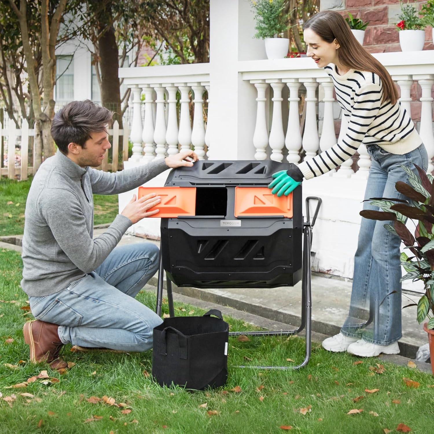 VIVOSUN Outdoor Tumbling Composter Dual Rotating Batch Compost Bin, 43 Gallon Orange Door