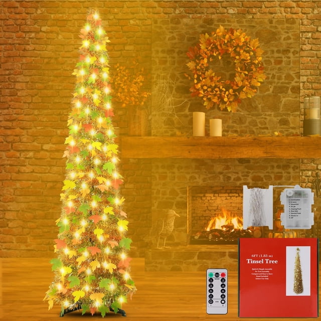 FT Lighted Fall Pop Up Tree Artificial Tinel Maple Tree with LED Lights Timer Battery Operated Collapsible Pencil Tinsel Trees for Fall Harvest Thanksgiving Front Porch Home Decor