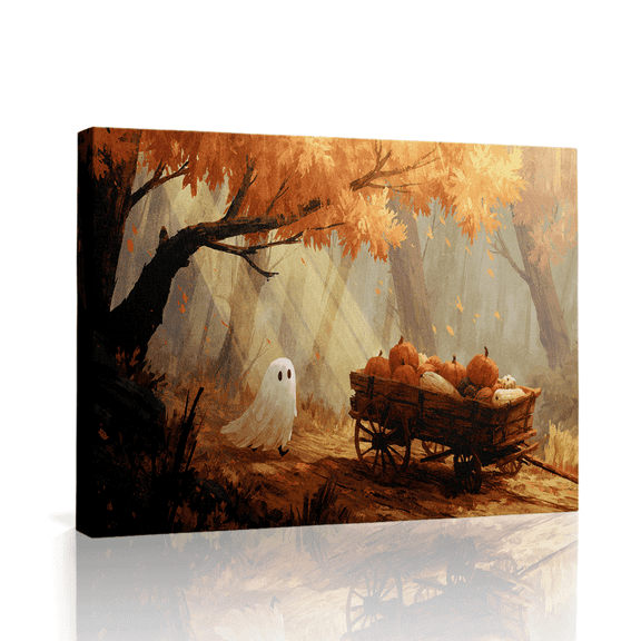 Topbout Art Ghost Pumpkin Fall Cute Spooky Canvas Wall Art Gallery Wrapped for Bedroom 12*8 inch
