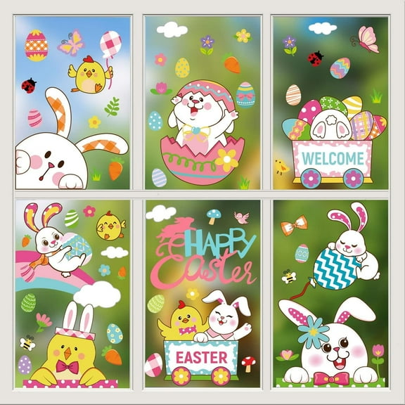 9 Sheets 94 PCS Double Sided Cute Large Bunny Eggs Happy Easter Window Clings, Glass Windows Door Kitchen Bathroom Spring Decals Stickers for Kids Home Holiday