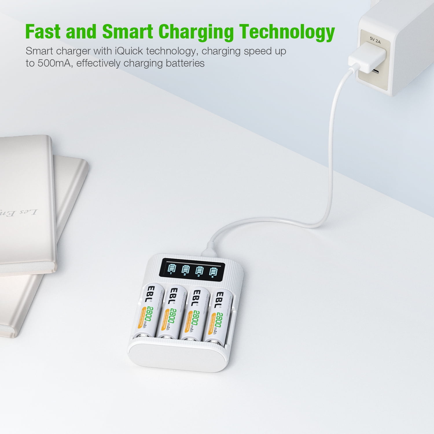 EBL 8-Pack 2800mAh AA Rechargeable Batteries + LCD Battery Charger