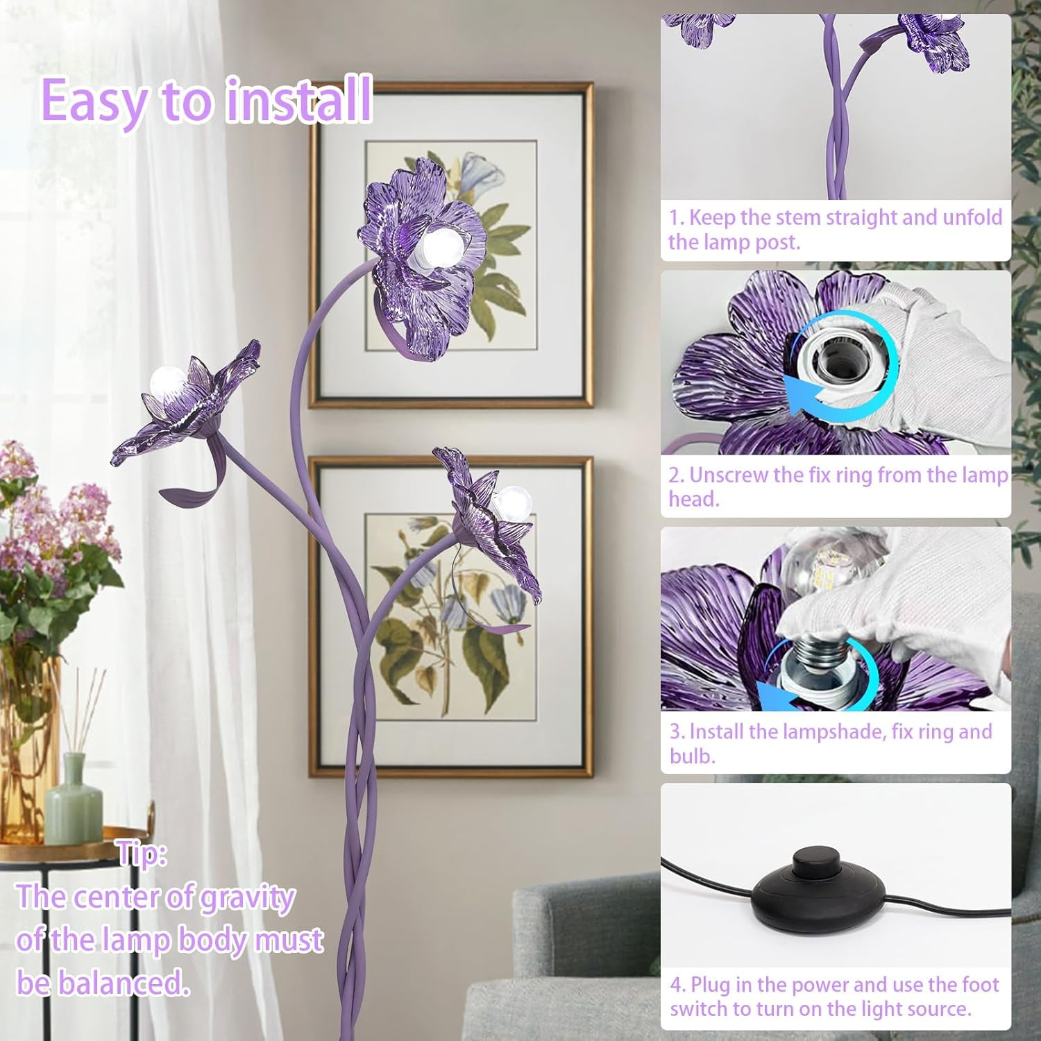 Vintage Flower Floor Lamp for Girls' Bedroom, Cute 3 Heads Floor Reading Light with Flexible Gooseneck, 3 Colors Crabapple Flower Modern Corner Standing Lamp for Living Room Office Home Decor (Purple