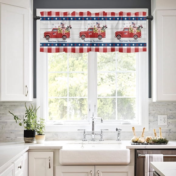 Kitchen Valances for Windows, Sweet Land of Liberty 4th of July American Flag Independence Day Truck Kitchen Curtains, Kitchen Valance Rod Pocket Bathroom Curtains Window, 54x18 Small Window Curtains