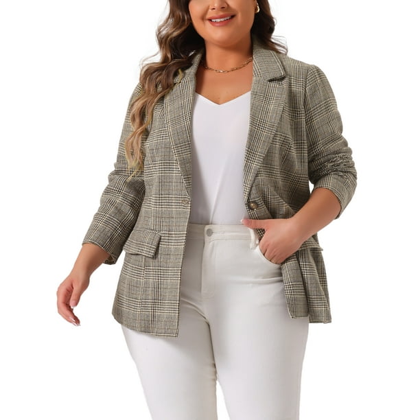 Blazers Agnes Orinda para mujeres de talla grande, de cuadros, con solapa de muesca, de manga larga, chaquetas de blazer casuales de negocios 1X marrón
