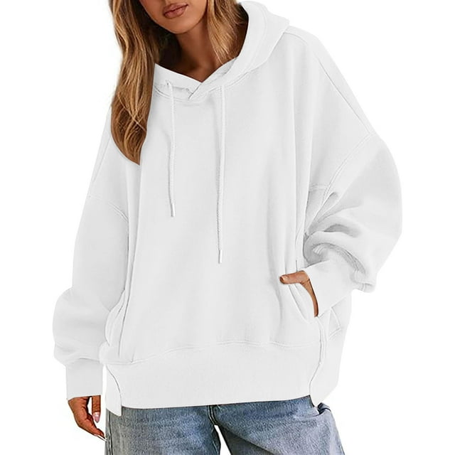 ABATAB Womens Oversized Hoodies Solid Color Drawstring Hooded Sweatshirts Casual Long Sleeve Tops with Pockets
