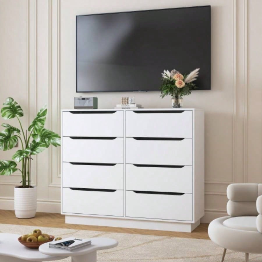 White Dresser for Bedroom, Long Dresser with 8 Drawers