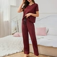 thumbnail image 4 of FRSASU Pajamas for Women Solid Set 2 Piece Short Sleeve Tops with Long Pants V Neck Soft Casual Loungewear Wine, 4 of 4