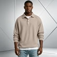 thumbnail image 4 of Knit Polo Shirts Mens Long Sleeve Casual Polo Sweaters Shirt Waffle Textured Collared Sweater Khaki L, 4 of 7