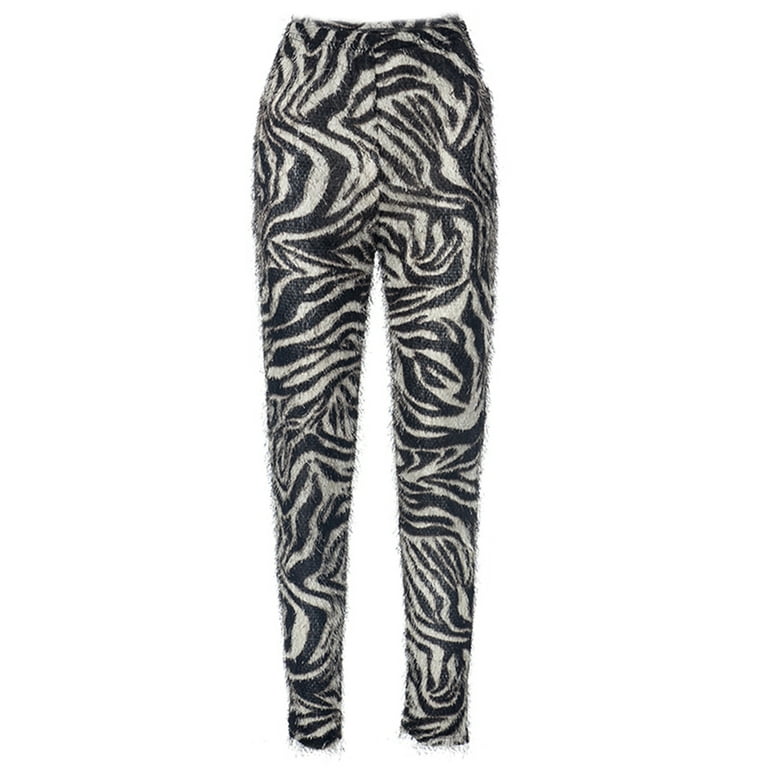 Xiaoluokaixin Streetwear Fashion Women s Mid Rise Zebra Print Pants with Fuzzy Leggings