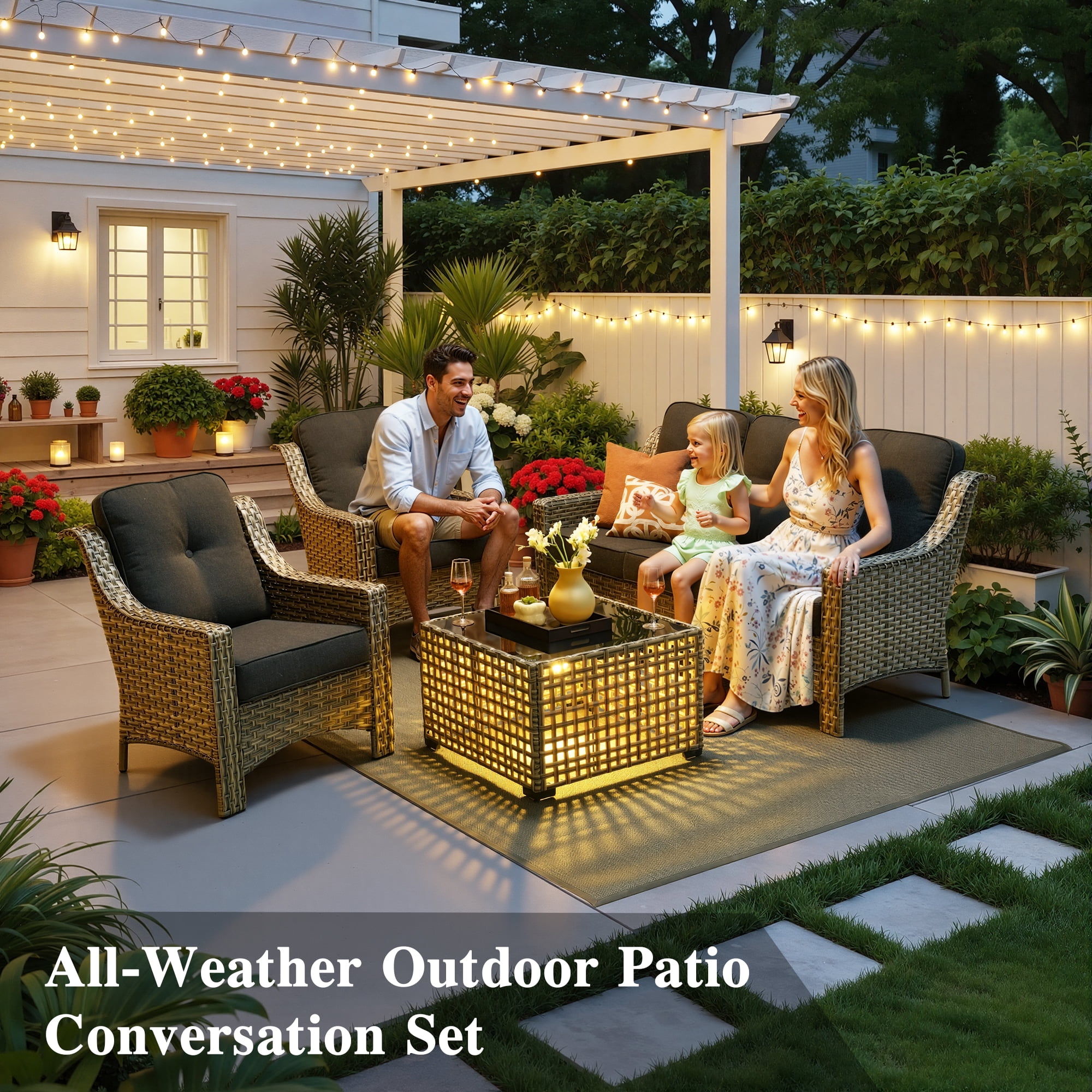 Ovios 4 Pieces Outdoor Furniture Set High Back All-Weather Wicker Patio Conversation Set with Solar Light Coffee Table, Black