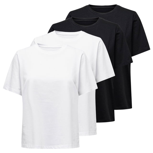 ONLY Camiseta para mujer Paquete de 4 - ONLONLY TEE, cuello redondo, algodón, liso Blanco/Negro XL (X-Large)
