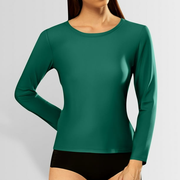MHFRRA Camiseta Informal de Manga Larga Acanalada con Cuello Redondo y Corte Entallado para Mujer Verde Oscuro