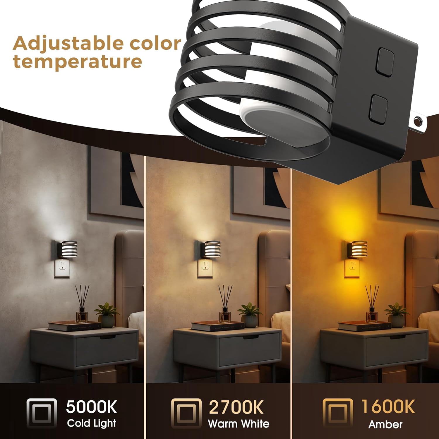 RGHJAR-Night Light, 2 Pack 3CCT Night Lights Plug into Wall, Amber/3000K/5000K Adjustable Color Temperature Night-Lights, Dimmable Nightlight with Dusk to Dawn Sensor for Bedroom Hallway Bathroom