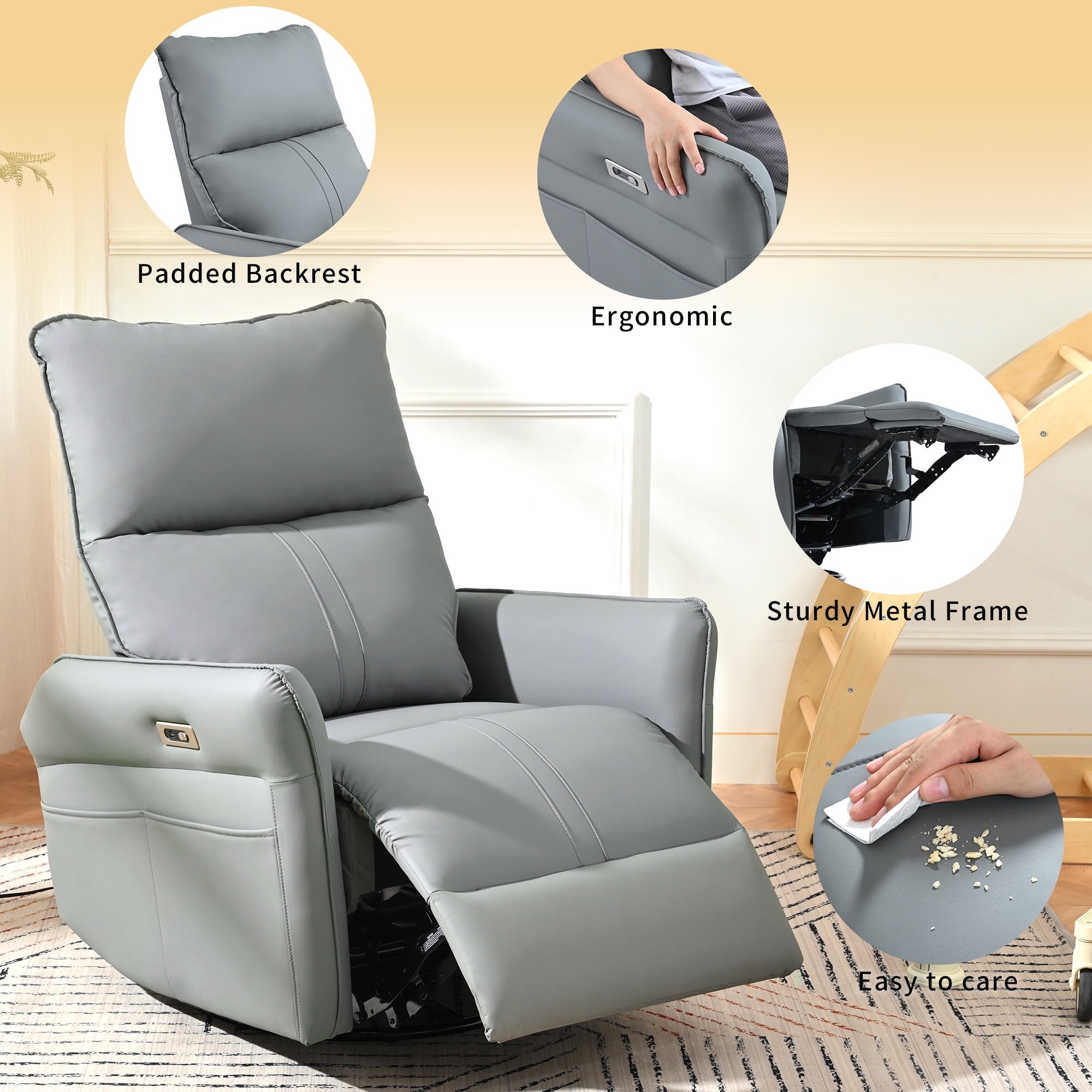 Bellemave Power Swivel Rocker Recliner, 270° Glider Recliner with USB Ports, Overstuffed Faux Leather Rocking Chair for Small Spaces Living Room (Blue Gray)