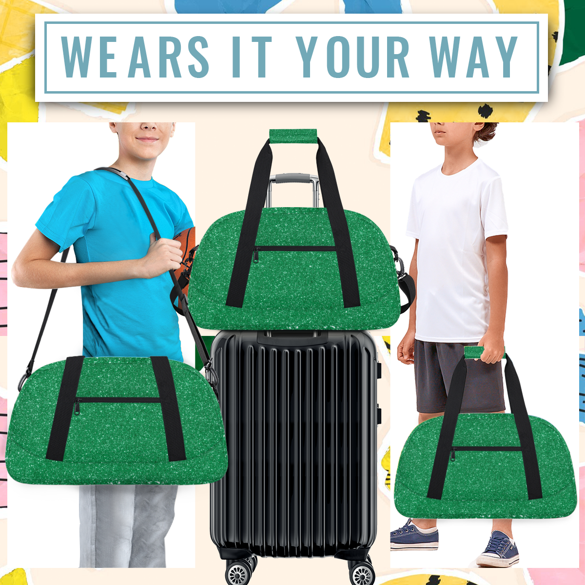 Herdesigns Sports Duffle Bags Travel Duffle Bag Gym Bag Green Glitter Star Weekender Travel Bag Waterproof Overnight Bag Carry On Travel Tote Bag Dance Bags