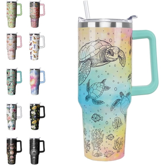 40oz Insulated Tumbler with Handle - Sea Turtle Watercolor Ocean Design, Leakproof Travel Coffee Mug Cup, Gift for Women Turtle Lovers