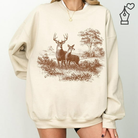 Vintage Deer Sweatshirt Unisex Adult, Wildlife Buck and Doe Graphic Crewneck, Outdoor Nature Casual Wear Size S-4XL