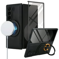 Compatible with Samsung Galaxy Z Fold 6 Phone Case,Built-in Screen Protector,360° Rotatable Ring Kickstand,Compatible with Mag-Safe,Anti-Scratch Leather Shockproof Rugged Phone Case,Black