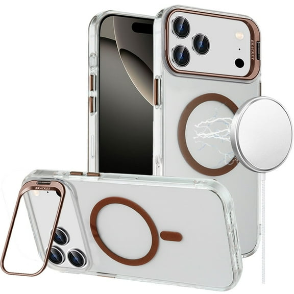 For iPhone 17 Pro Max Transparent HQ Hybrid with Metallic Camera Stand Magnetic Ring Case - Desert Gold