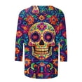 thumbnail image 4 of Hueook Womens Long Sleeve T Shirts Ladies' Day Of The Dead Printed Round Neck Three Quarter Sleeve 3/4 Sleeve T-shirt Loose Top Long Sleeved Round Neck Top/shirt Multicolor L, 4 of 5
