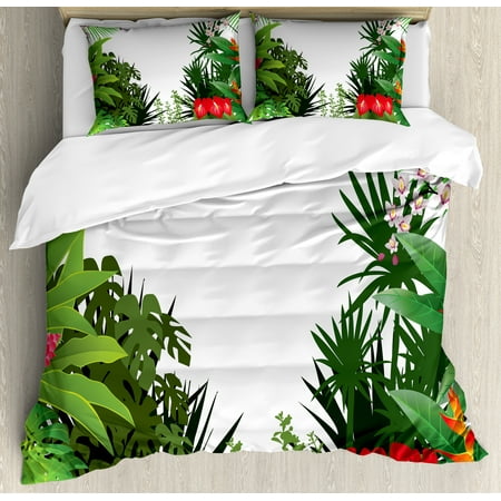 Tropical Queen Bedding Sets Jungle Queen Size Duvet Cover Set, Rainforest Vegetation Tropical Leaves and Flowers Lively Paradise Foliage Nature, Decorative 3 Piece Bedding Set with 2 Pillow Shams, Multicolor, by Ambesonne ()